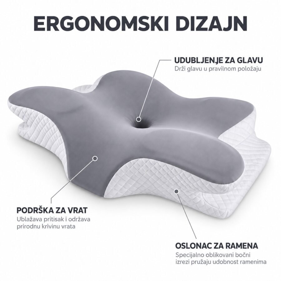 Udubljenje za glavu, podrška za vrat i bočni izrezi za ramena na ortopedskom jastuku